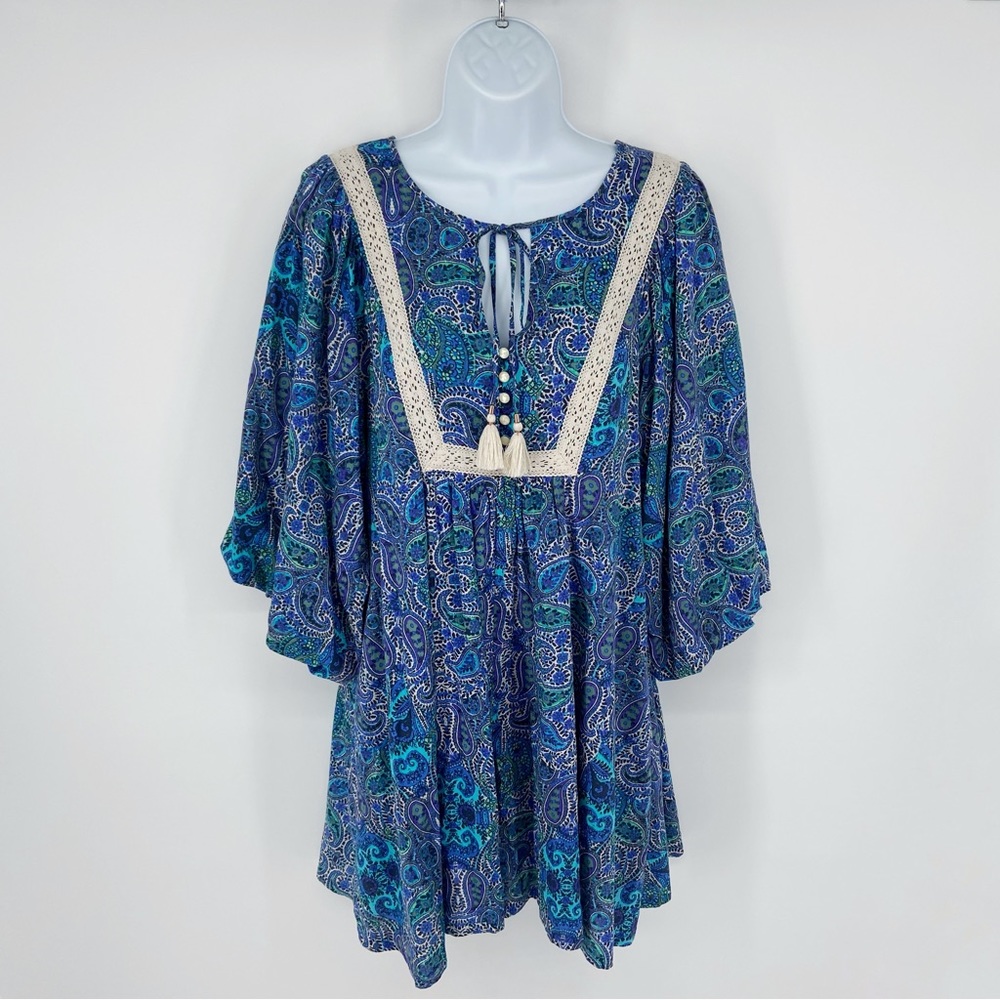 Anthropologie Lissa Boho Crochet Lace Detail Paisley Print Puff Sleeve Romper XS - Picture 3 of 16